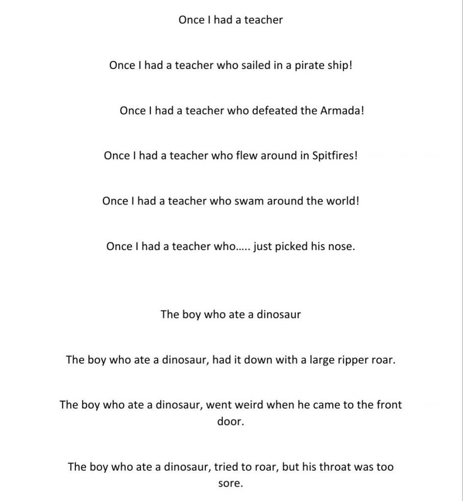 A brilliant poem from a Year 1 child inspired by Matt Beighton's poetry workshop